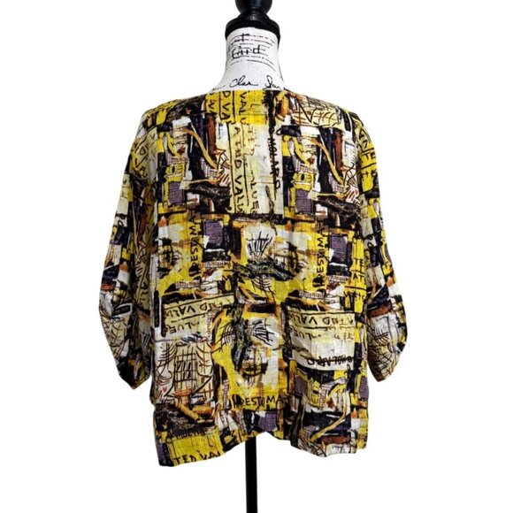 Luukaa Linen Top Abstract Print Yellow Black Art to Wear Womens Size 14 - Picture 3 of 7